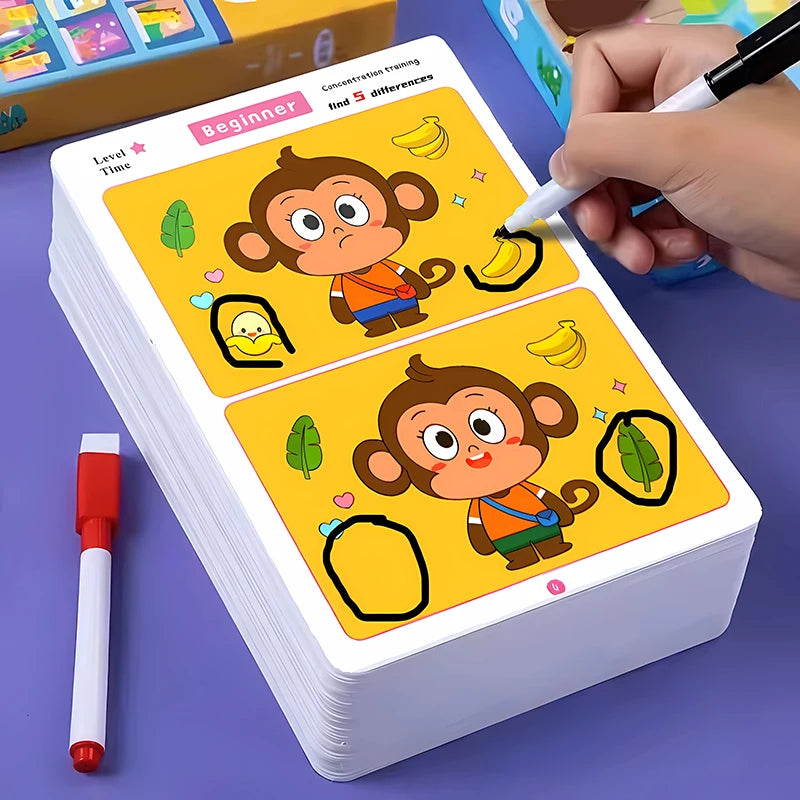 Children's Educational Games, Focus and Observation Training, Spot the Difference, from Hyperactivity to Concentration, Educational Game Cards, Can Be Wiped Off and Reused, Suitable for Holiday Gifts