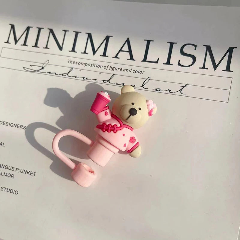 Cute Bear Straw Cover Dust Cap Silicone Kawaii Cherry Straw Toppers For Tumbler Pink Drinking Charm Decor Cover For 7-8mm Straws