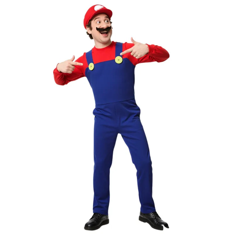 Mens Halloween Plumber Costume with Fake Beard Hat Gloves Adult Cosplay Jumpsuit Party Outfit Red, Yellow, Purple Plumber