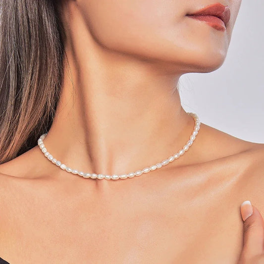 HENGSHENG Small Size 4.5-5.5mm Natural Freshwater White Pearl Necklace Rice Shape Fashion S925 Silver Jewelry for Women Girls