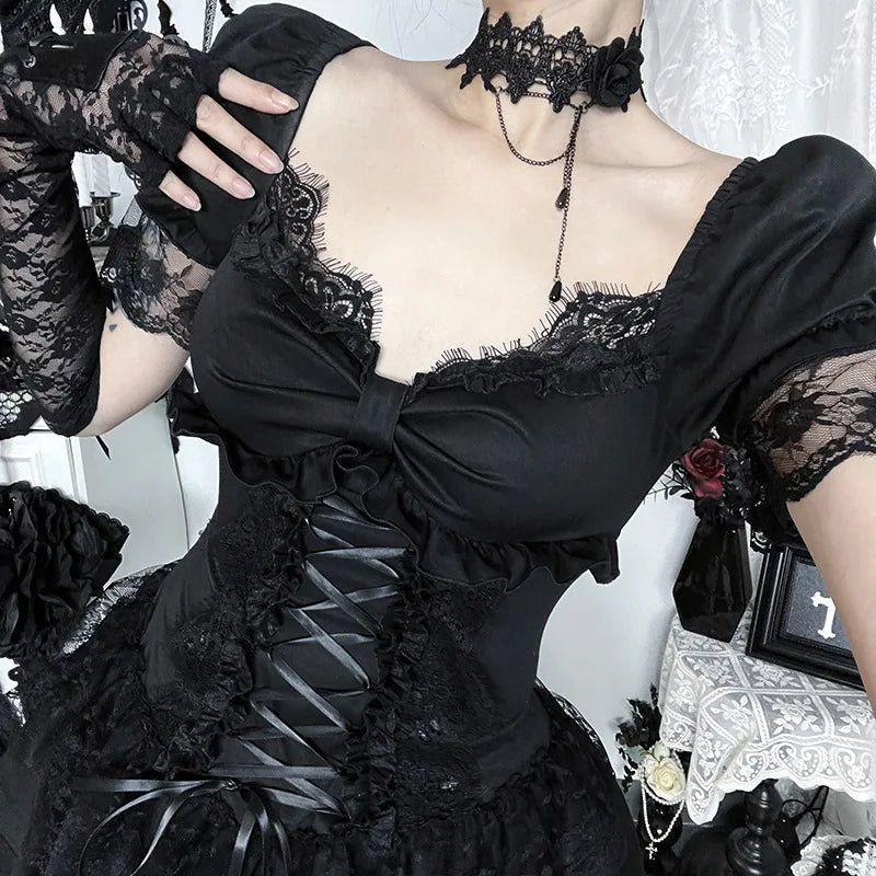 Goth Dark Gothic Lace Trim Puff Sleeve A-line Mini Dress Women Outfits Embellished Square Neck Dresses Bandage Lace Up Halloween