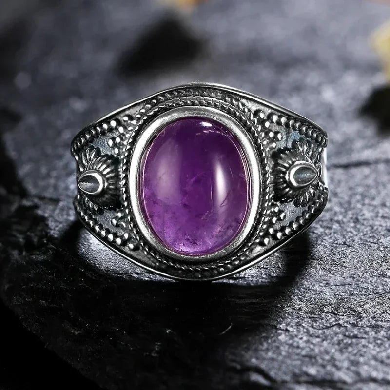 S925 Sterling Silver Vintage Ring With Natural Amethyst Two Stone Ring Waterdrop Shape Fine Jewelry Gifts for Women