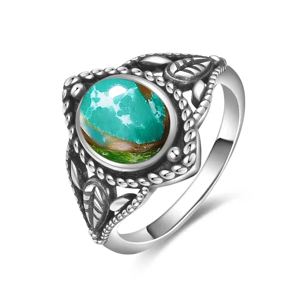 Vintage S925 Sterling Silver Ring with Oval Natural Emperor's Stone Flower Shape Hollow out Ring Fine Jewelry for Women