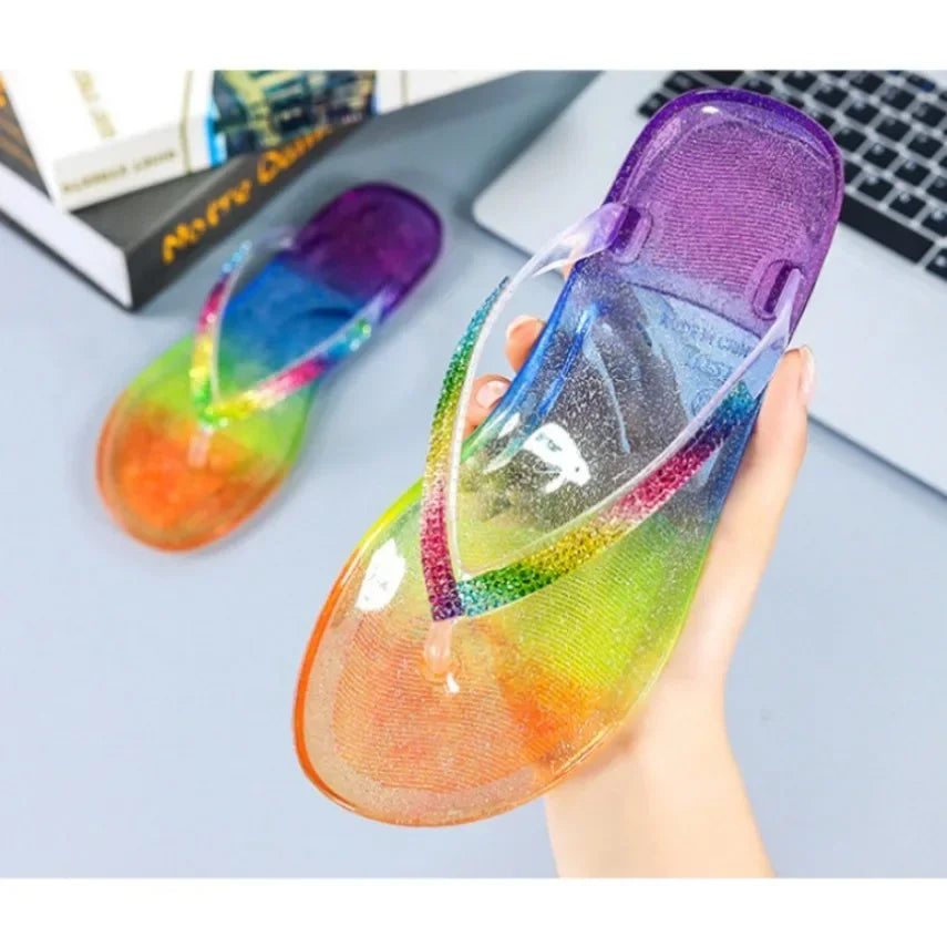 Rainbow Slippers Woman Summer Beach Sandal Outdoor Soft Non Slip Flip Flops Cloud Female Jelly Crystal Shoes Slides Outdoor