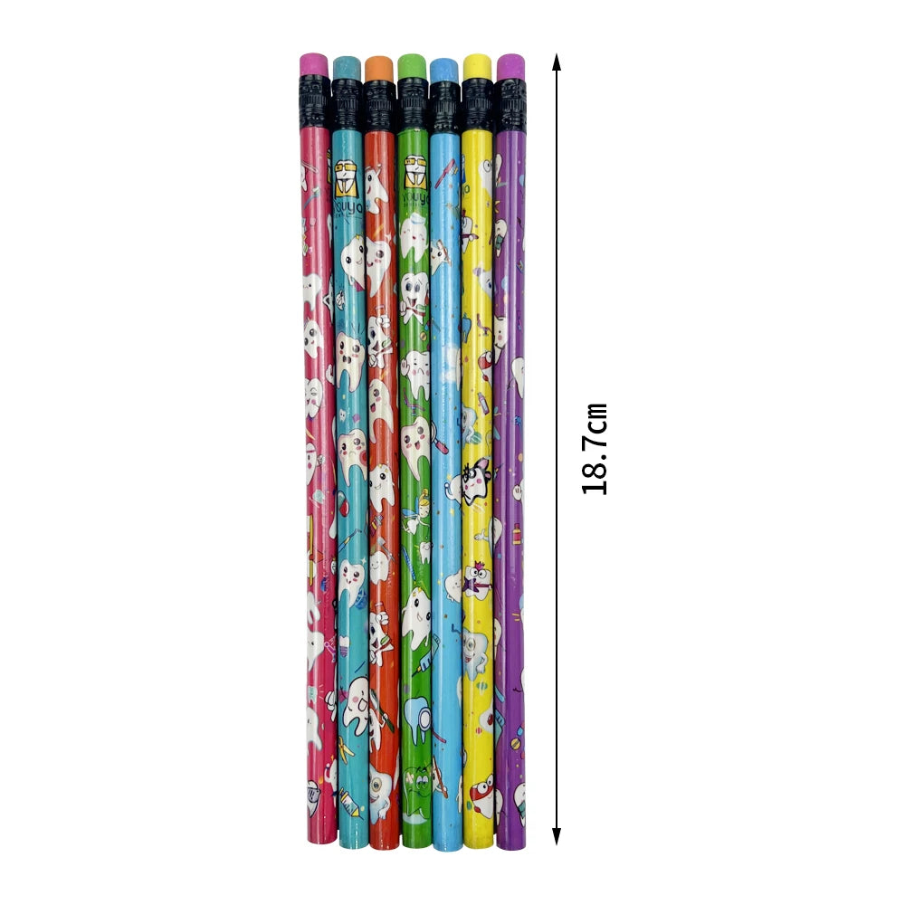 50pcs Dental Pencil Cute Cartoon Tooth Pattern Pencil With Eraser Children Drawing Pencil School Writing Stationery Dental Gifts