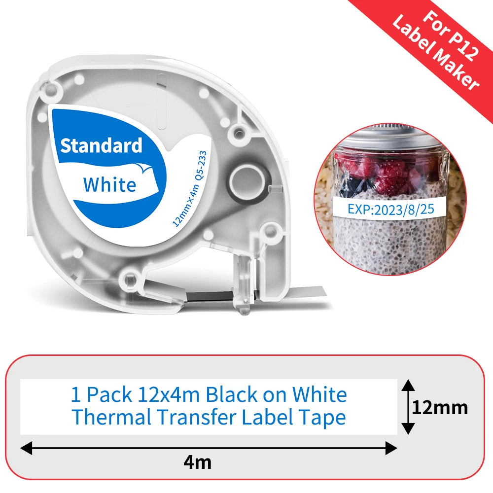 P12 Label Tape Compatible with Dymo LetraTag 200B Refills LT-100H Label Replacement for Phomemo P12 PRO Label Maker 12mm x 4m
