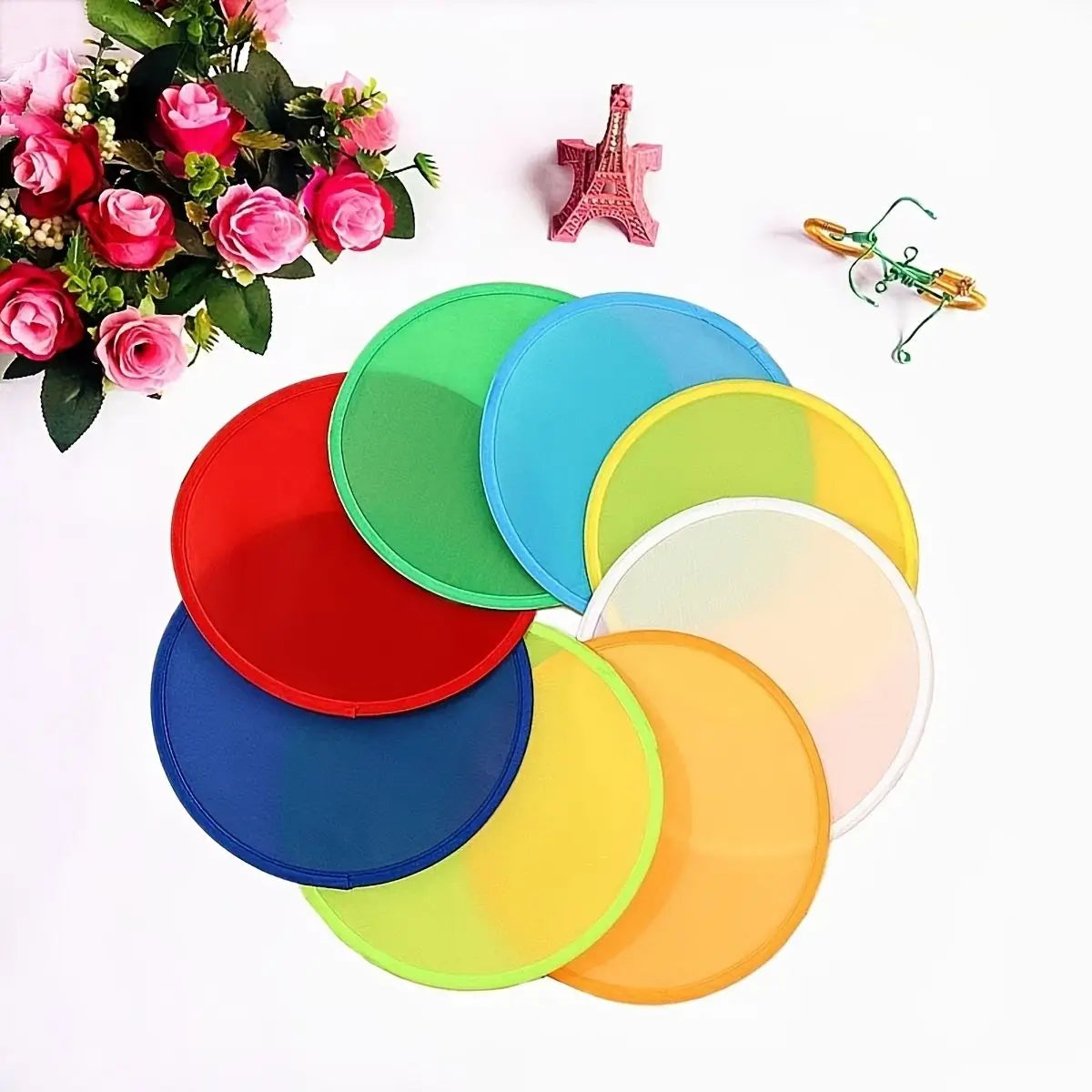 6Pcs Random Color Foldable Flying Disc Fans with Bags 9.8 Inch DIY Handheld Cooling Fan Beach Flying Disc for Summer Outdoor Gam