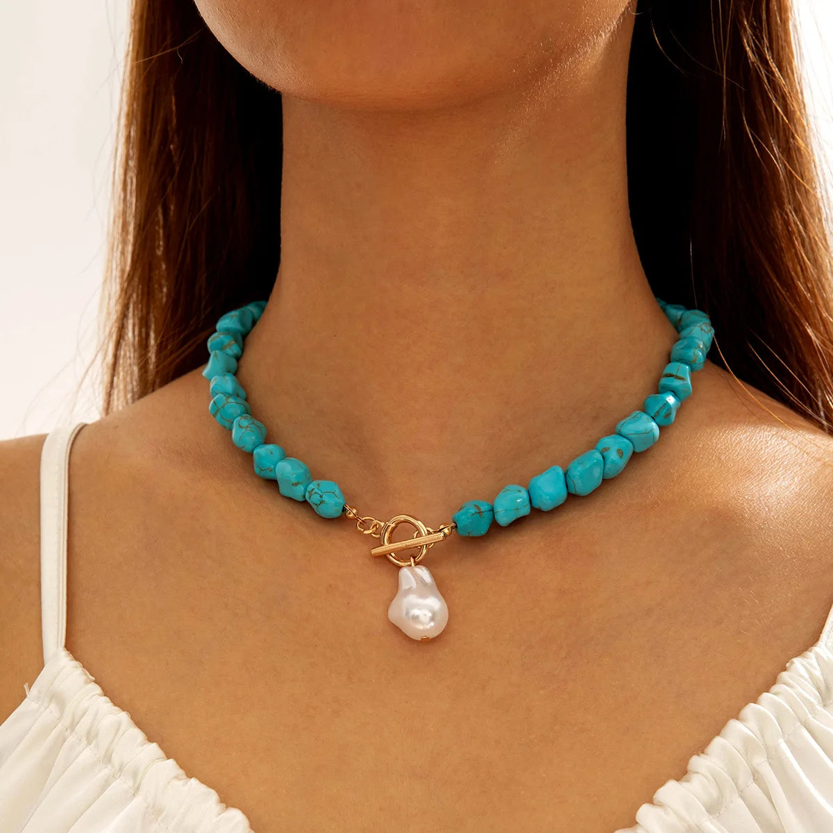 Irregular natural turquoise shaped pearl pendant necklace, handmade personalized necklace for women