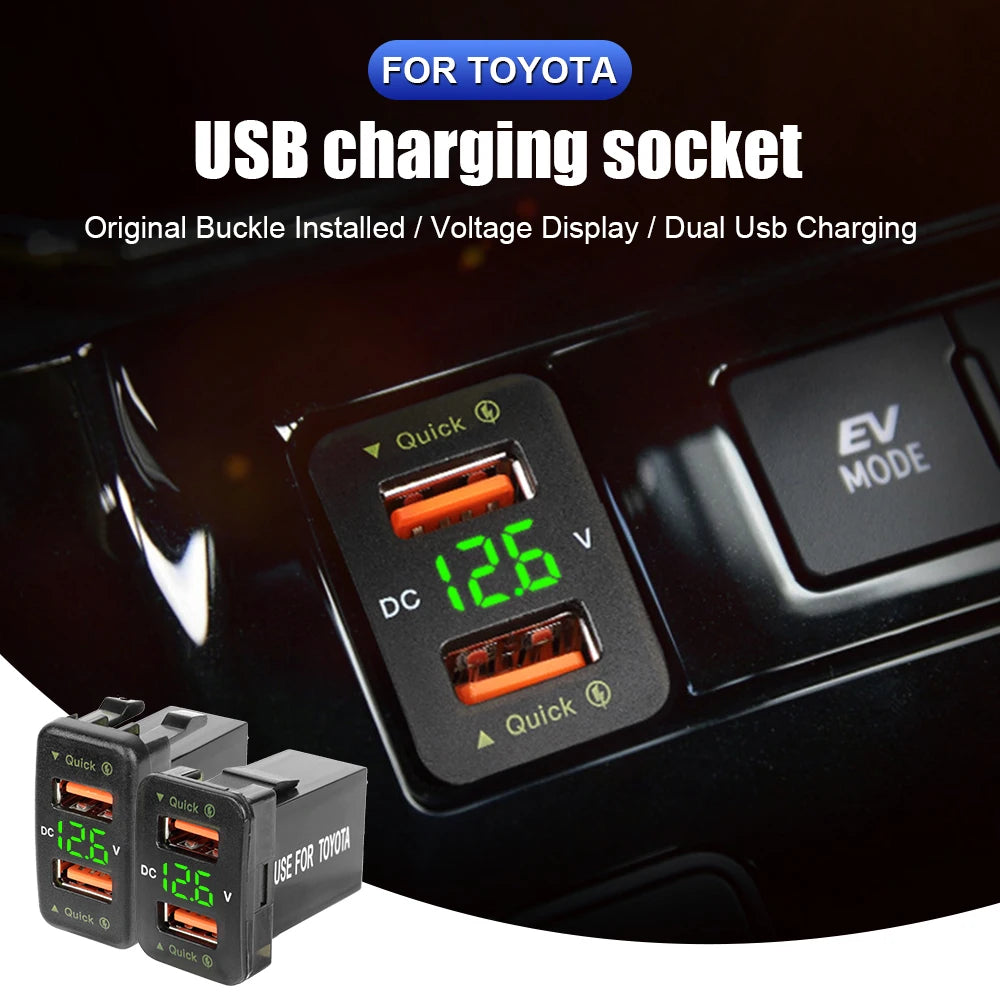 USB Chargers For Toyota Power Adapter Socket QC 3.0 LED Indicator Mobile Phone Charging Voltmeter Test Car Accessories 24V 12V