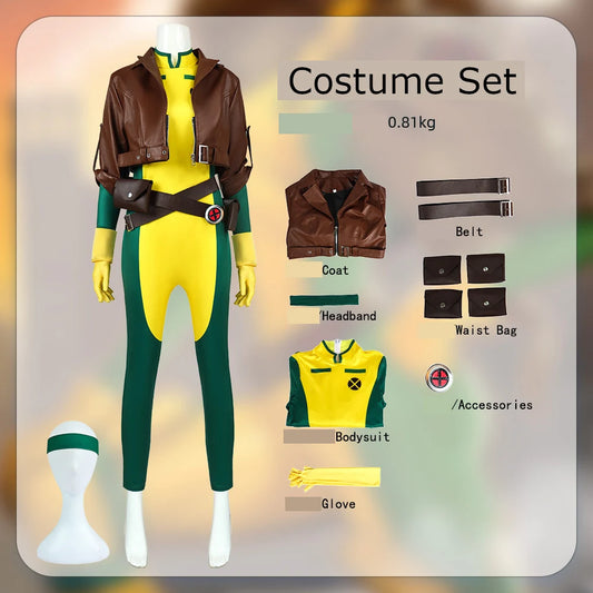 X-Men Rogue Cosplay Costume Adult Women Superhero Bodysuit Yellow Jumpsuit Brown Jacket Halloween Carnival Comic Con Outfit