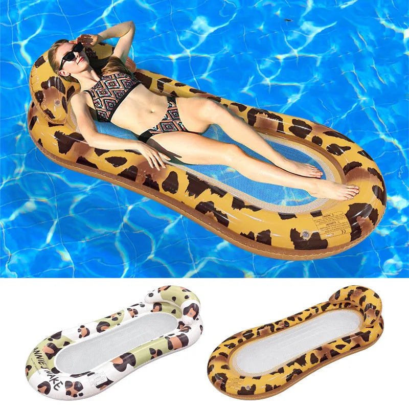 2026 Leopard Print Mesh Lounge Chair Inflatable Floating Bed Single Foldable Float Summer Pool Water Entertainment Thickened