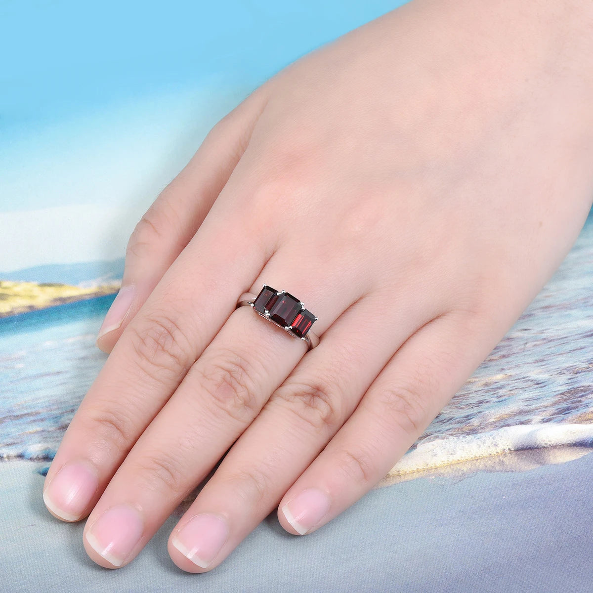 Natural Red Garnet Solid Silver S925 Ring 2.5 Carats Genuine Gemstone Classic Fine Jewelry Style Rhodium Plated Daily Decoration