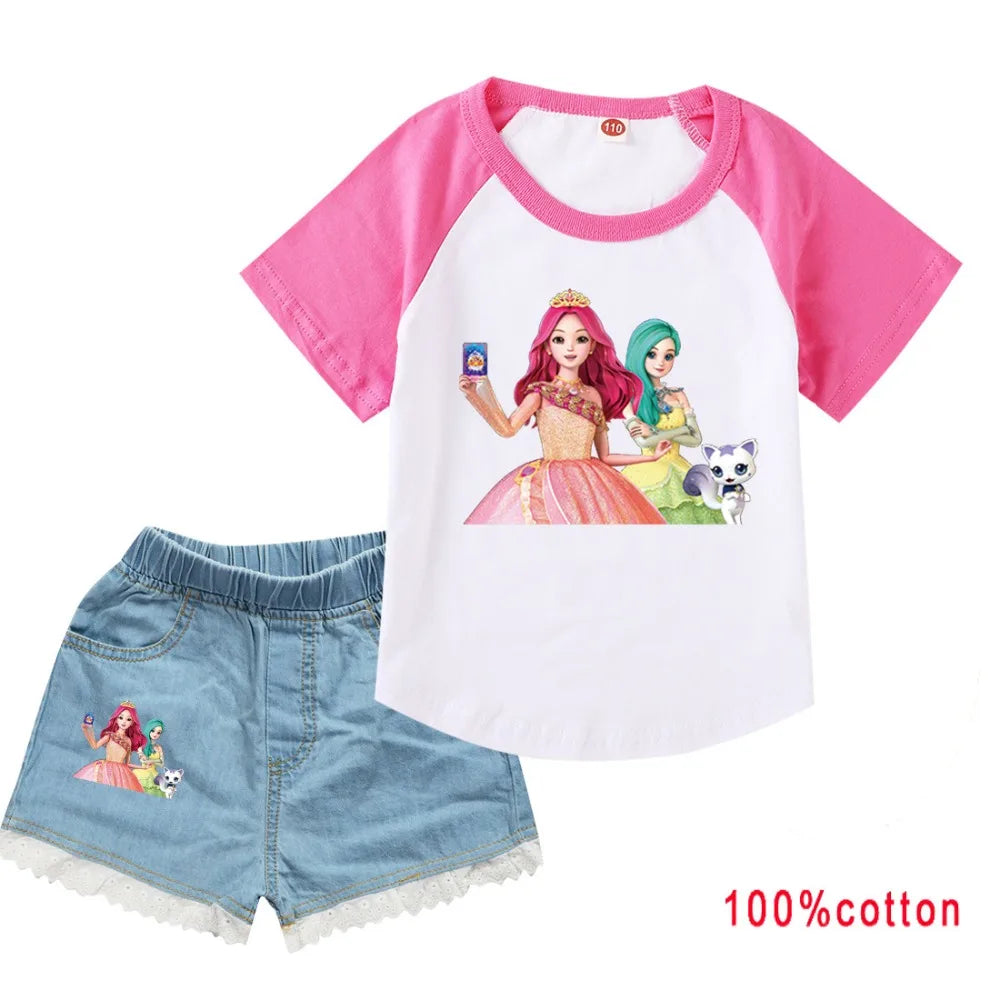 Anime Secret J-Jouju Clothes Kids Cartoon S-Secret Jouju T-shirt Denim Jeans 2pcs Sets Toddler Girls Outfits Children Tracksuits