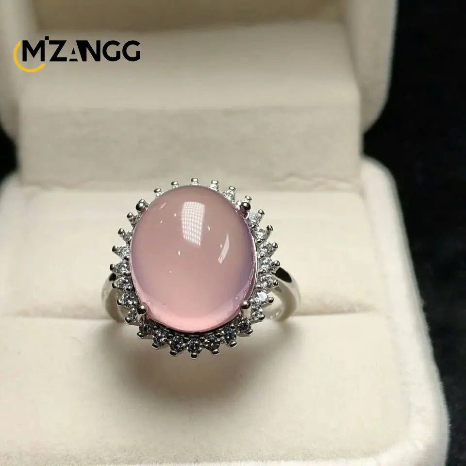 S925 Silver Inlaid Agate Ring Opening Adjustable Natural Green Chalcedony Hand-carved Ring Fashion Boutique Jewelry Women Ring