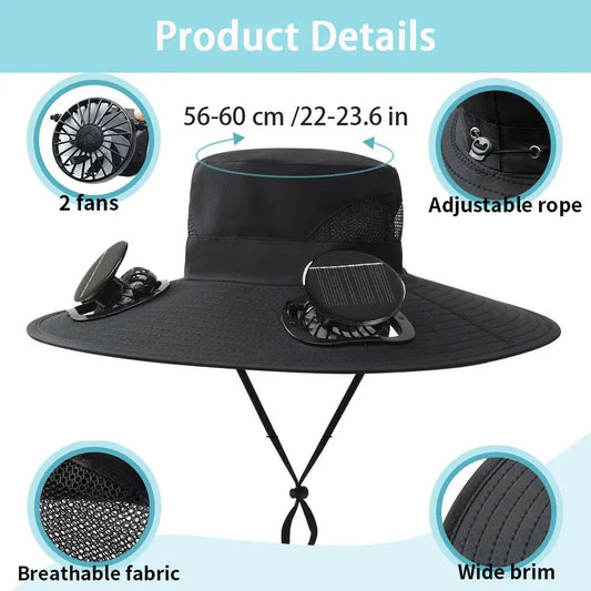 Solar Powered Cooling Hat with Dual Fans Built-in Sun Protection Wide Brim Baseball Cap Breathable Summer Hat for Fishing Hiking