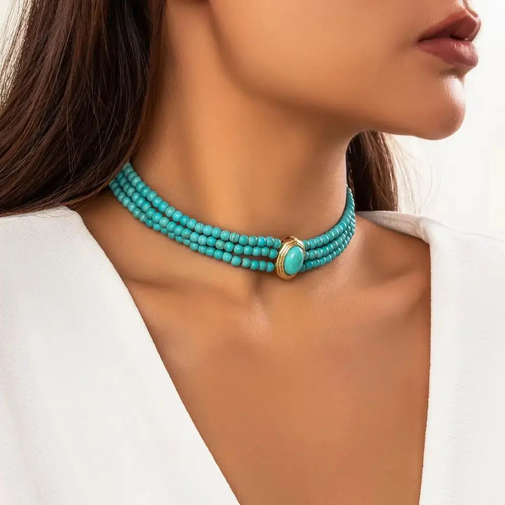 Lacteo Simple Natural Stone Beads Necklace Multilayer Imitation Pearl Choker Women Short Strand Neck Chain Collar Jewelry Gift