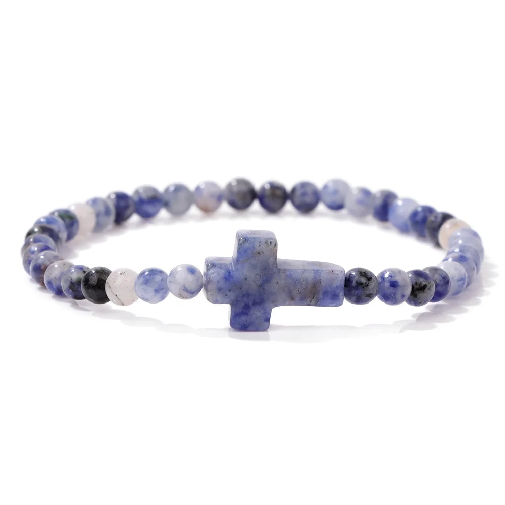 Trendy 4mm Beads Bracelet Stone Cross Charms Bracelet For Women Natural Gems Crystal Bangles Handmade Jewelry Men Yoga Prayer