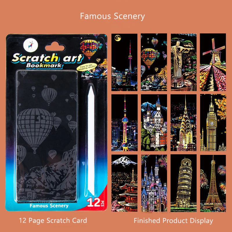 12 Pcs/Set DIY Scratch Painting World Famous Architectural Night Scenery Scraping Painting Manual Scratch Drawing Toys