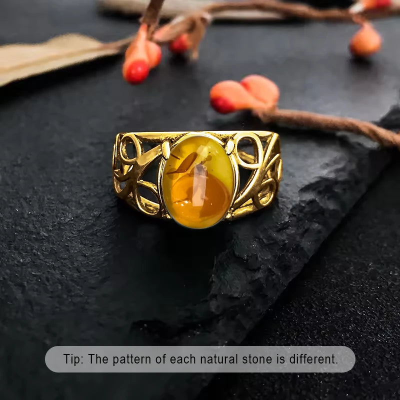 S925 Sterling Silver Ring With Natural Amber Stone Flower Shape Oval Petal Amber Stone Gifts Fine Jewelry For Women