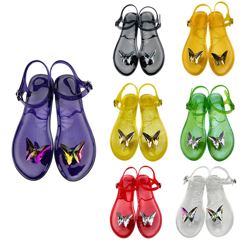 Summer Lady PVC Flat Crystal Shoes Women Vacation Beach Sandals Butterfly Rhinestone Transparent Jelly Sandals Outdoor Slipper