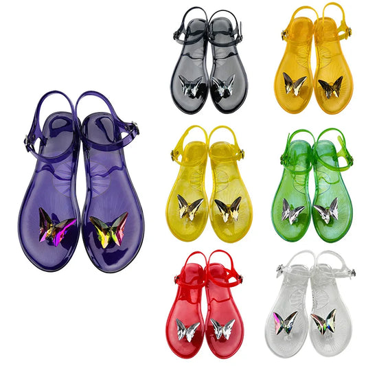 Summer Lady PVC Flat Crystal Shoes Women Vacation Beach Sandals Butterfly Rhinestone Transparent Jelly Sandals Outdoor Slipper