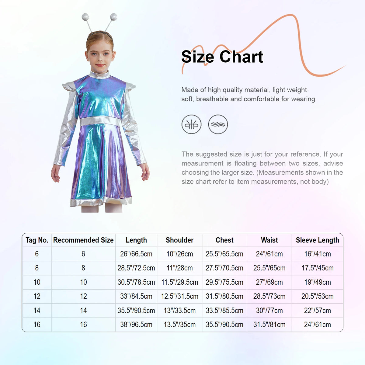 Kids Alien Costume Jumpsuit – Metallic Full-Length Bodysuit with Hair Hoop, Sizes 6–16