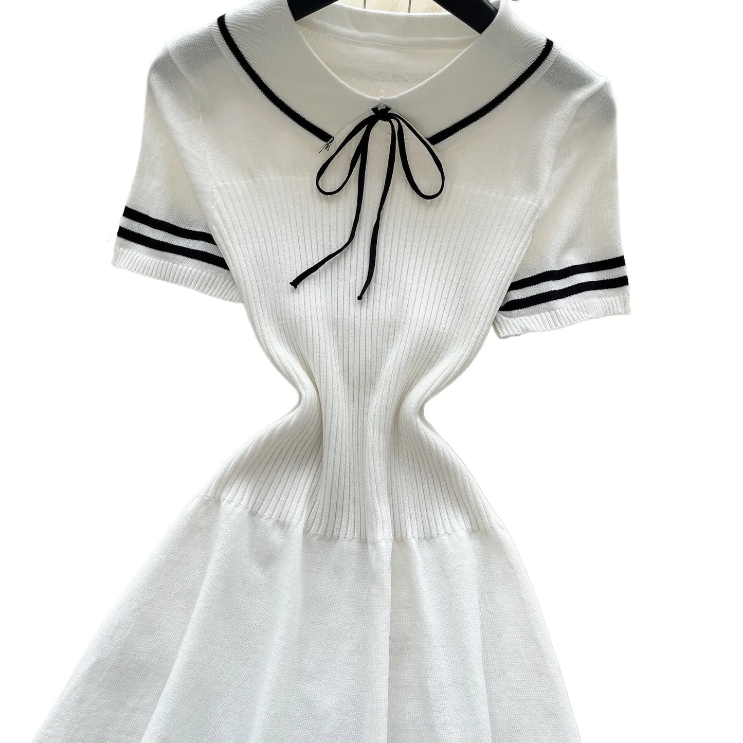 Women's White Short Sleeve Peter Pan Collar Bow Sundress Striped Hem Stretchy Ribbed Knit A-Line Mini Dress Casual Party Dress