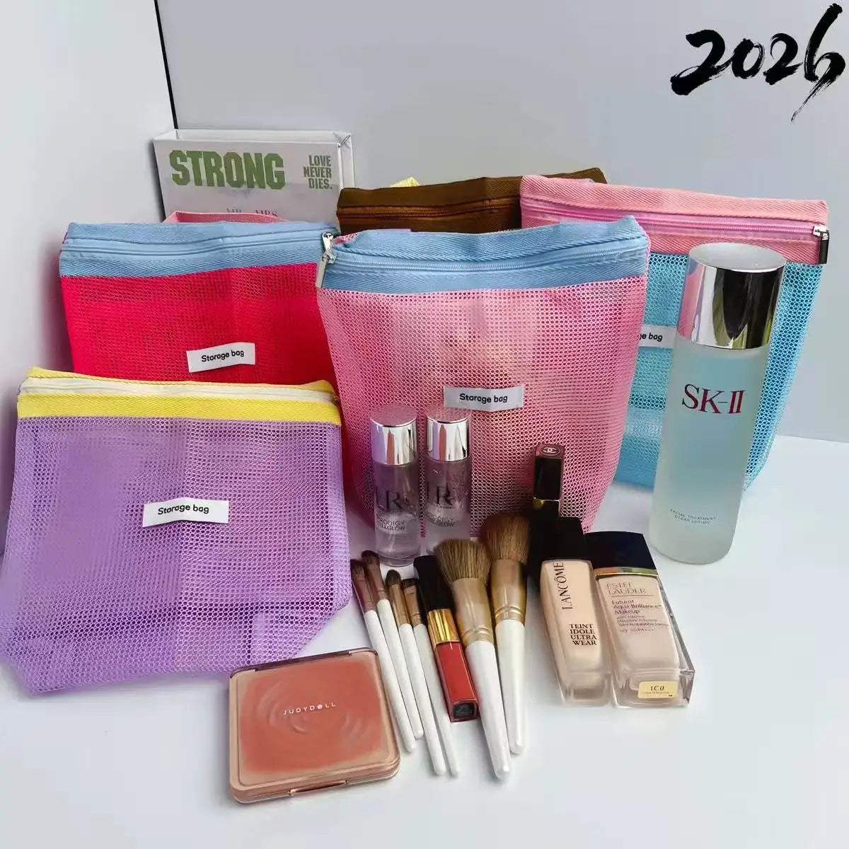 Ins Style Vibrant Bright Color Summer Mesh Tote Bag Small Cosmetic Bag Handbag Foldable Portable Toiletry Bag Women's Beach Bag