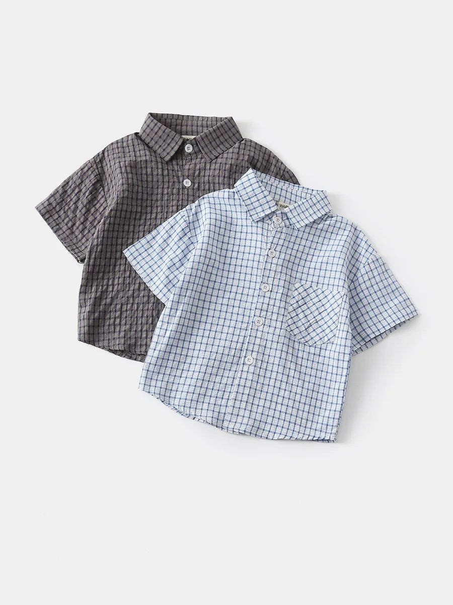 2026 Summer 2-6Y Childrens Clothes Turn-down Collar Bubble Plaid Boys Shirt with Chest Pocket Single-row Buttons