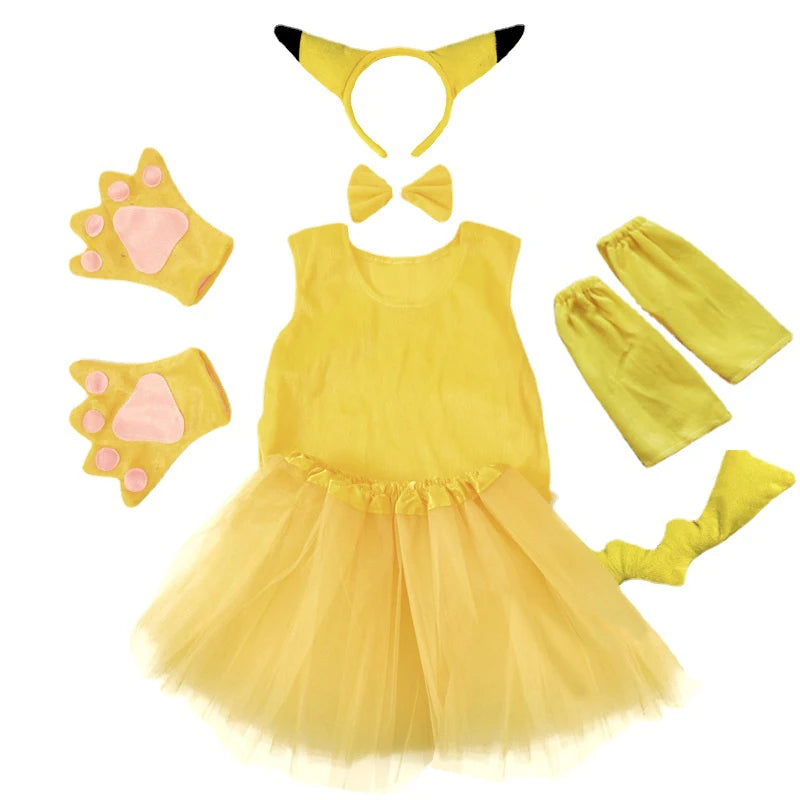 Halloween Party Kids Yellow Pokiimon Pikaqiu Cosplay Costumes with Headwear Gloves Dress Pants Tail Sets Dress Up for Girl Boy