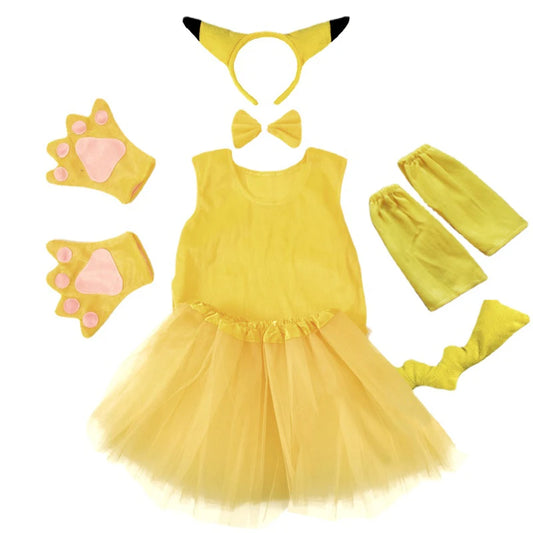 Halloween Party Kids Yellow Pokiimon Pikaqiu Cosplay Costumes with Headwear Gloves Dress Pants Tail Sets Dress Up for Girl Boy