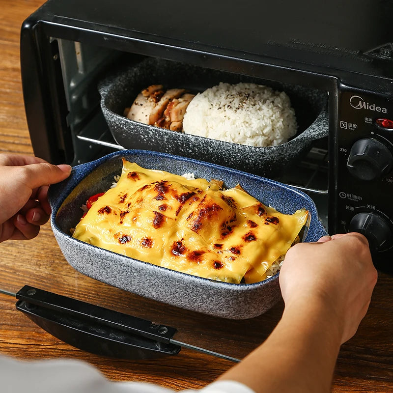 Japanese Tableware Binaural Baking Tray Ceramic Cheese Baked Rice Baking Bowl Oven Special Utensils with Tray Rectangular Plate