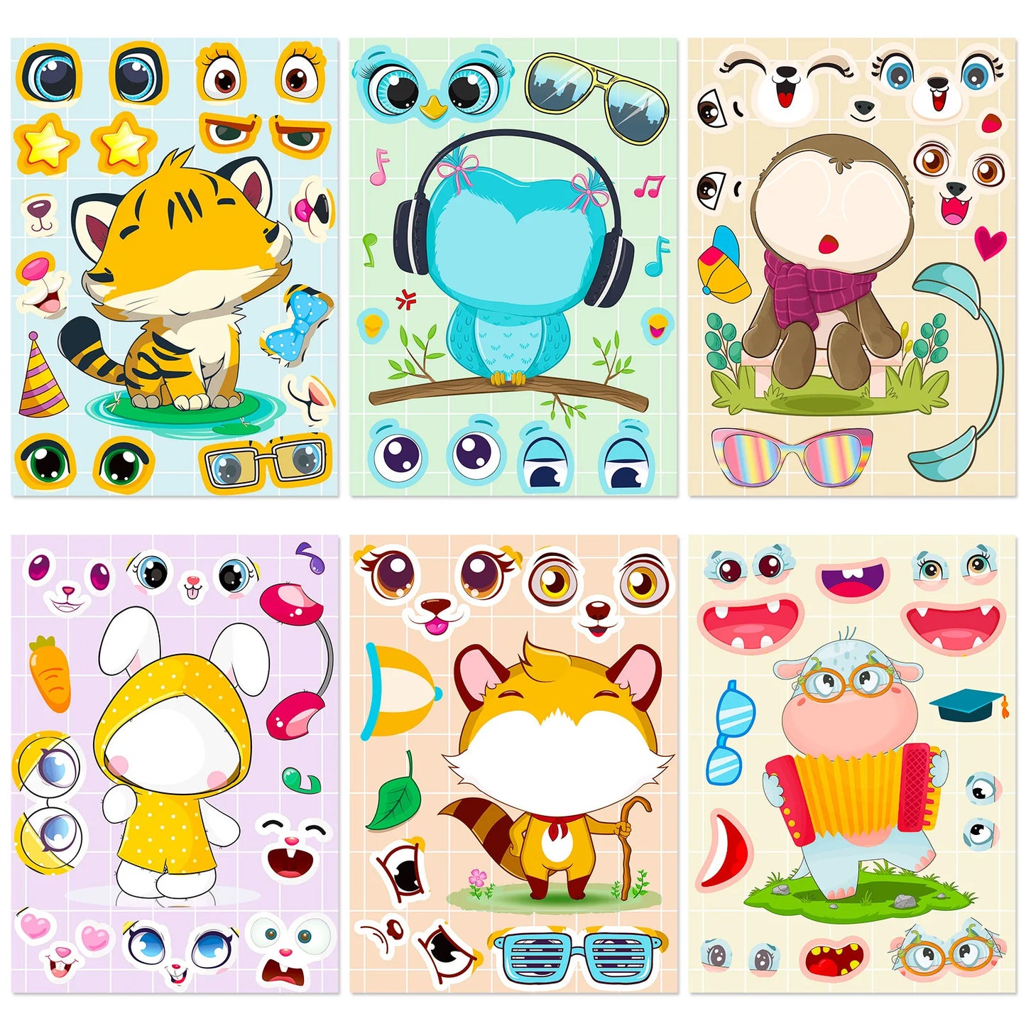 6 Sheets Cartoon Animal Face Mix and Match Stickers, Kids DIY Educational Puzzle Craft Toys