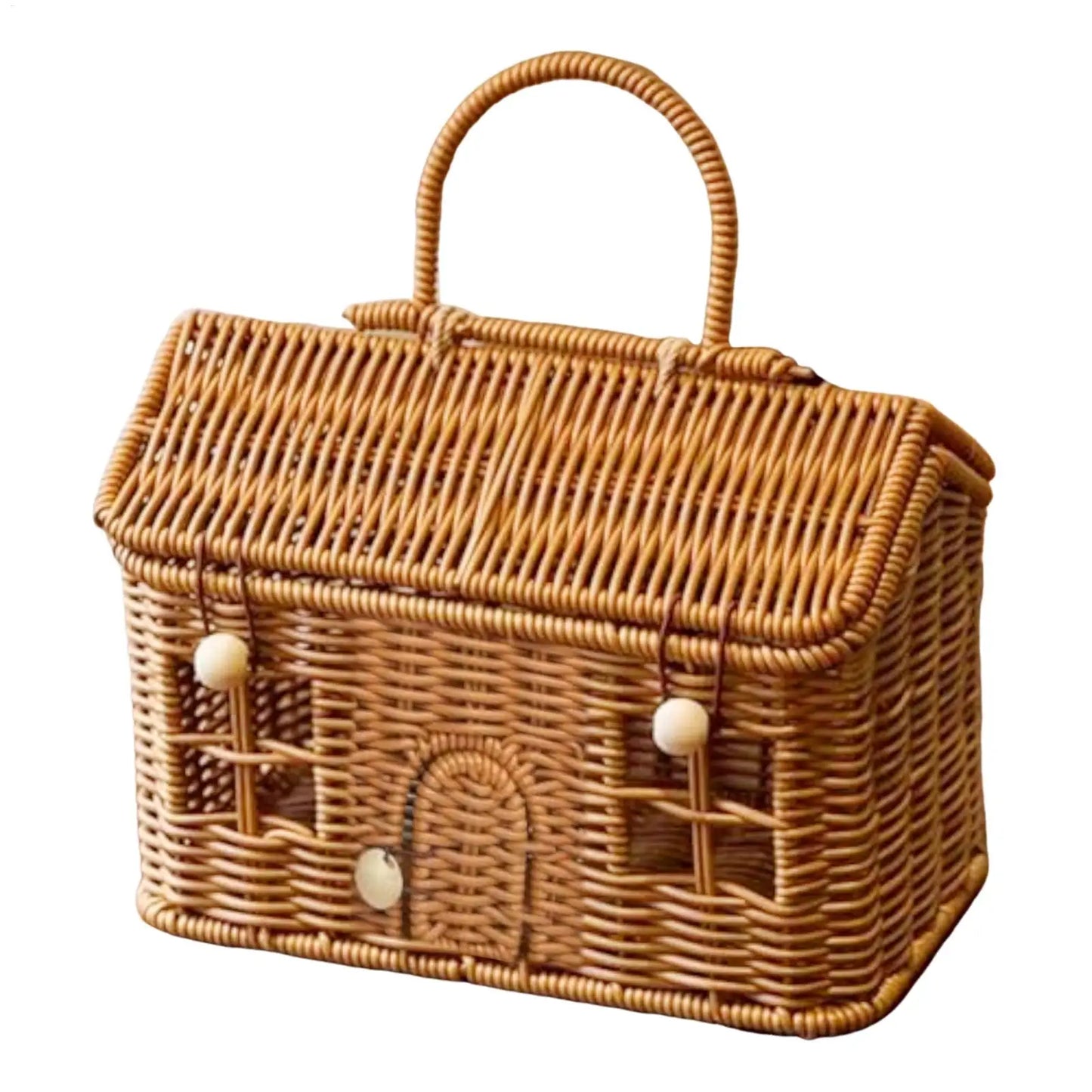 24x14x16cm Imitation Rattan House Shaped Basket With Lid Handle Decorative Hand Woven Shelf Organizer Home Decor Storage Baskets