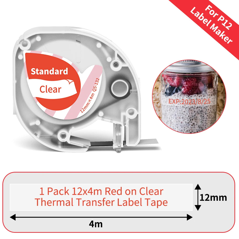 P12 Label Tape Compatible with Dymo LetraTag 200B Refills LT-100H Label Replacement for Phomemo P12 PRO Label Maker 12mm x 4m