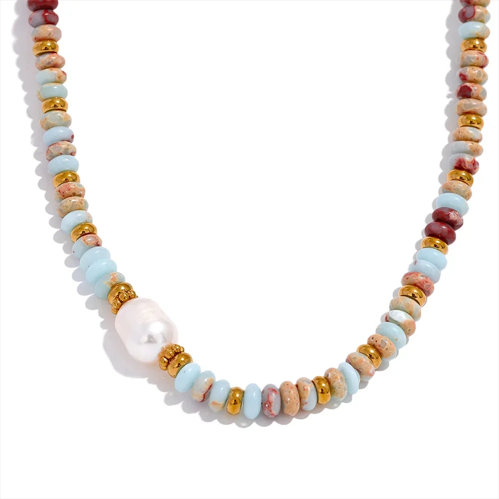 Yhpup Trendy Natural Stone Freshwater Pearl Collar Chain Necklace Stainless Steel Handmade Stylish Beads Jewelry Bijoux Gift