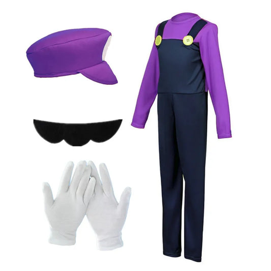 Mens Halloween Plumber Costume with Fake Beard Hat Gloves Adult Cosplay Jumpsuit Party Outfit Red, Yellow, Purple Plumber