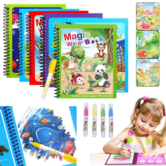 1PC Children's Watercolor Painting Magic Book with Refillable Water Pen for Children Animal Cartoon Painting Book Education Toys