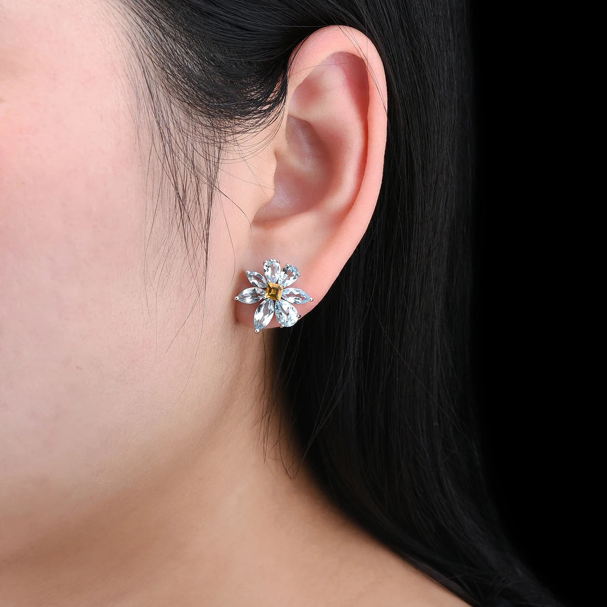Natural Sky Blue Topaz Sterling Silver Earring 7.8 Carats Genuine Gemstone Citrine Flower Design Spring New Design S925