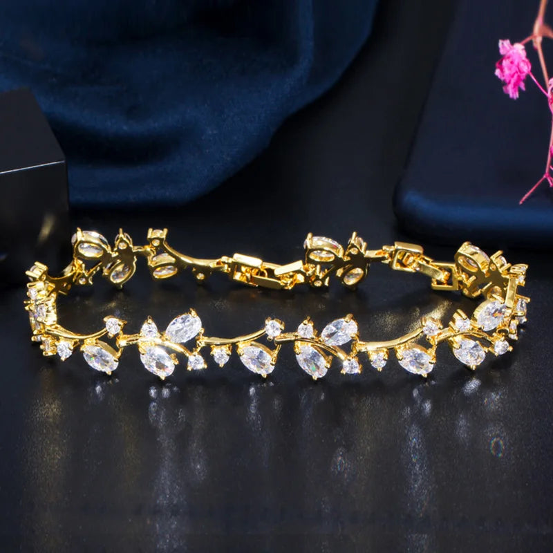 Pera Natural Royal Women Jewelry Silver Color Dark Blue CZ Crystal Leaf Chain Link Bracelets and Bangles for Party Gift B042