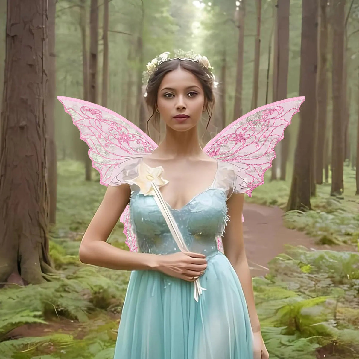 Fairy Wings for Adults and Girls，Fairy Costume Set with Floral Garland, Fairy Hair Tinsel, Wand & Elf Ears