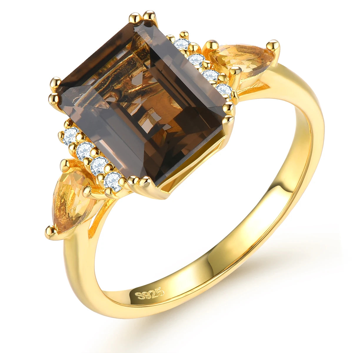 Natural Smoky Quarts Silver Yellow Gold Plated Rings 3.6 Carats Genuine Citrine Women's Classic Style S925 Fine Jewelry