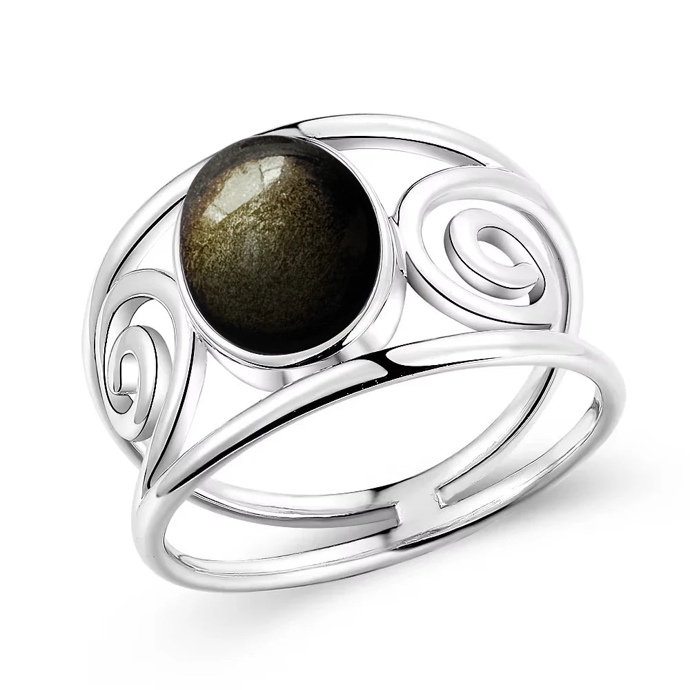 Vintage S925 Sterling Silver Ring Oval Round Natural Obsidian Ring Sun And Flower Shaped Retro Fine Jewelry For Women Men