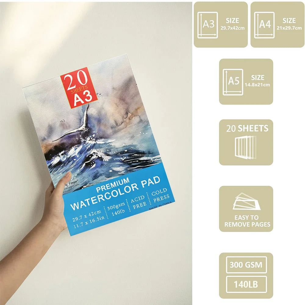 Watercolour Paper A3/A4/A5 300gsm - Professional Artists Water Colour Pad with 20 Sheets - Art Paper for Mixed Media Drawing