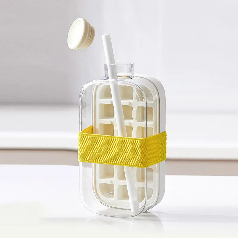 Ice Cube Tray Press Ice Maker with Lid Food Grade Cooling Ice Mold 2 in 1 Ice Straw Water Bottle for Summer Cooling Drinks