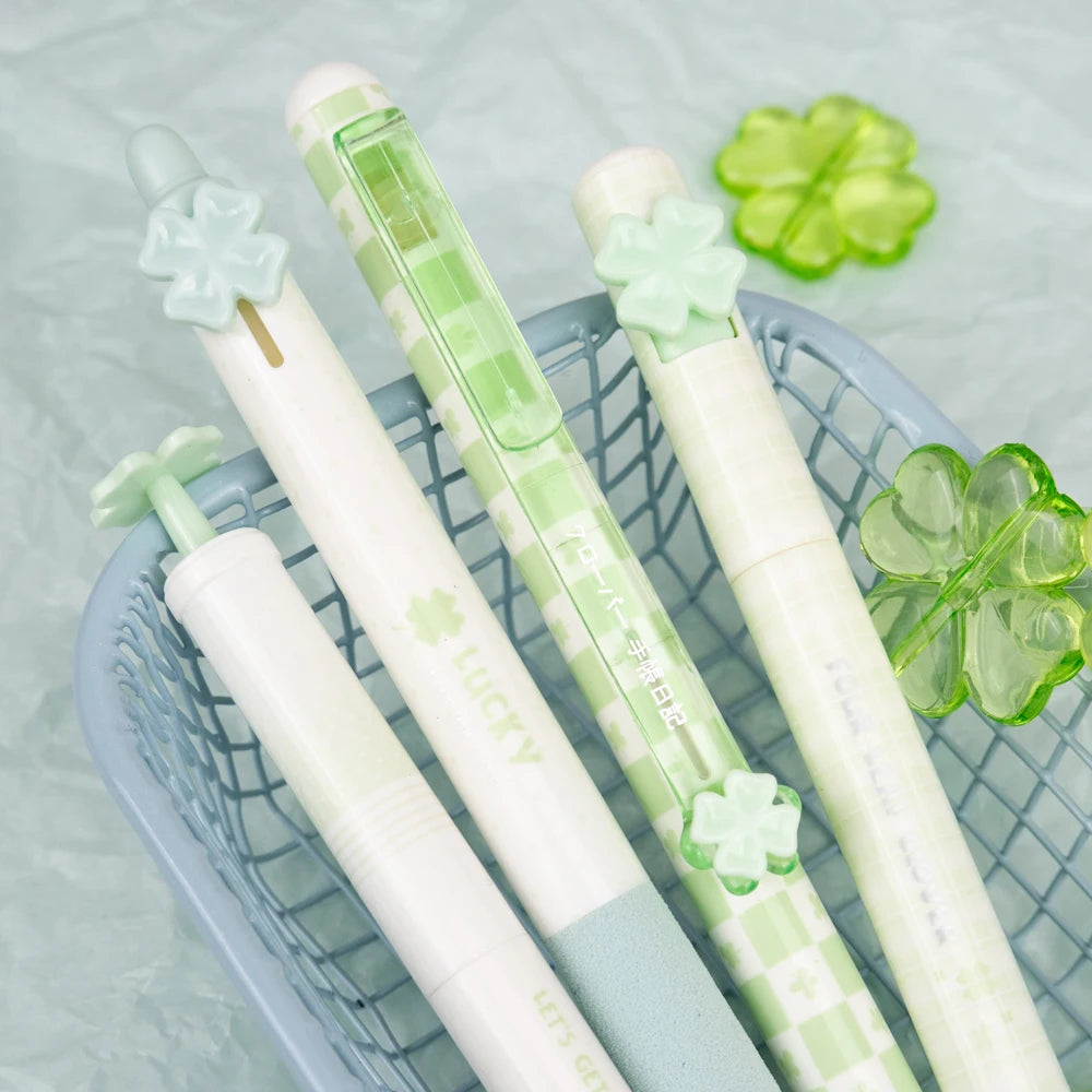 4 Pcs/Set Four-Leaf Clover Gel Pens 0.5mm Black Ink Quick-Drying & Smooth Writing Pen for Office School Study Exam Stationery