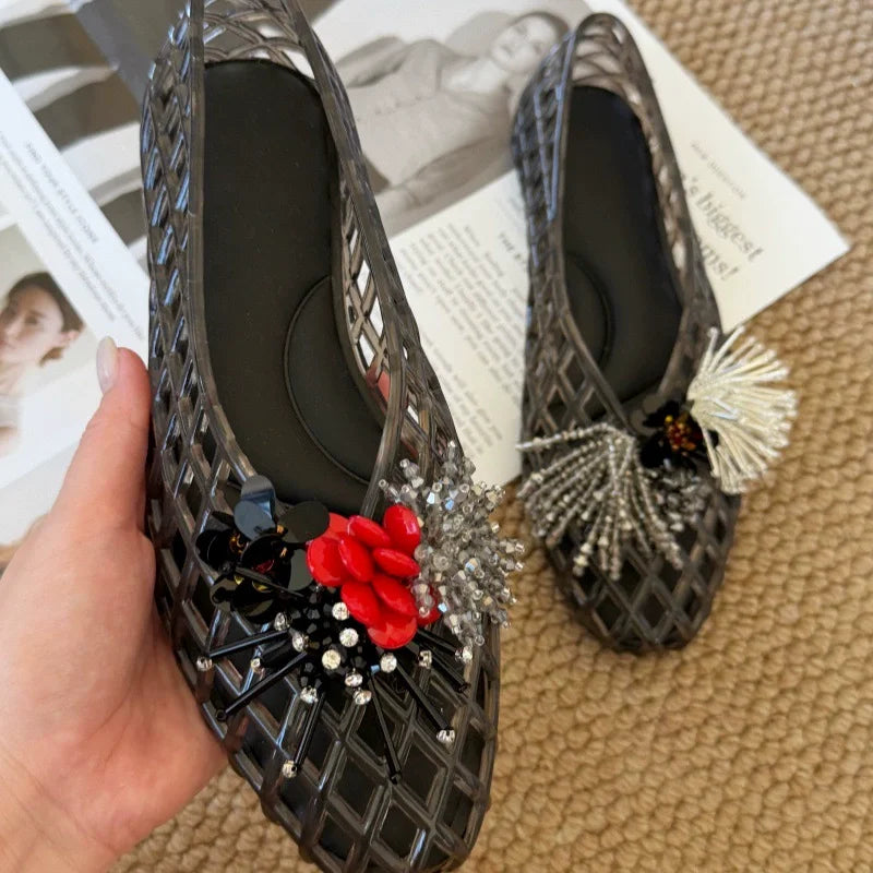 Women's Colorful Hollow Grid Flat Sandals Summer Ladies Flat Jelly Shoe DIY Non-slip Vacation Beach Shoes with Shoes Accessories