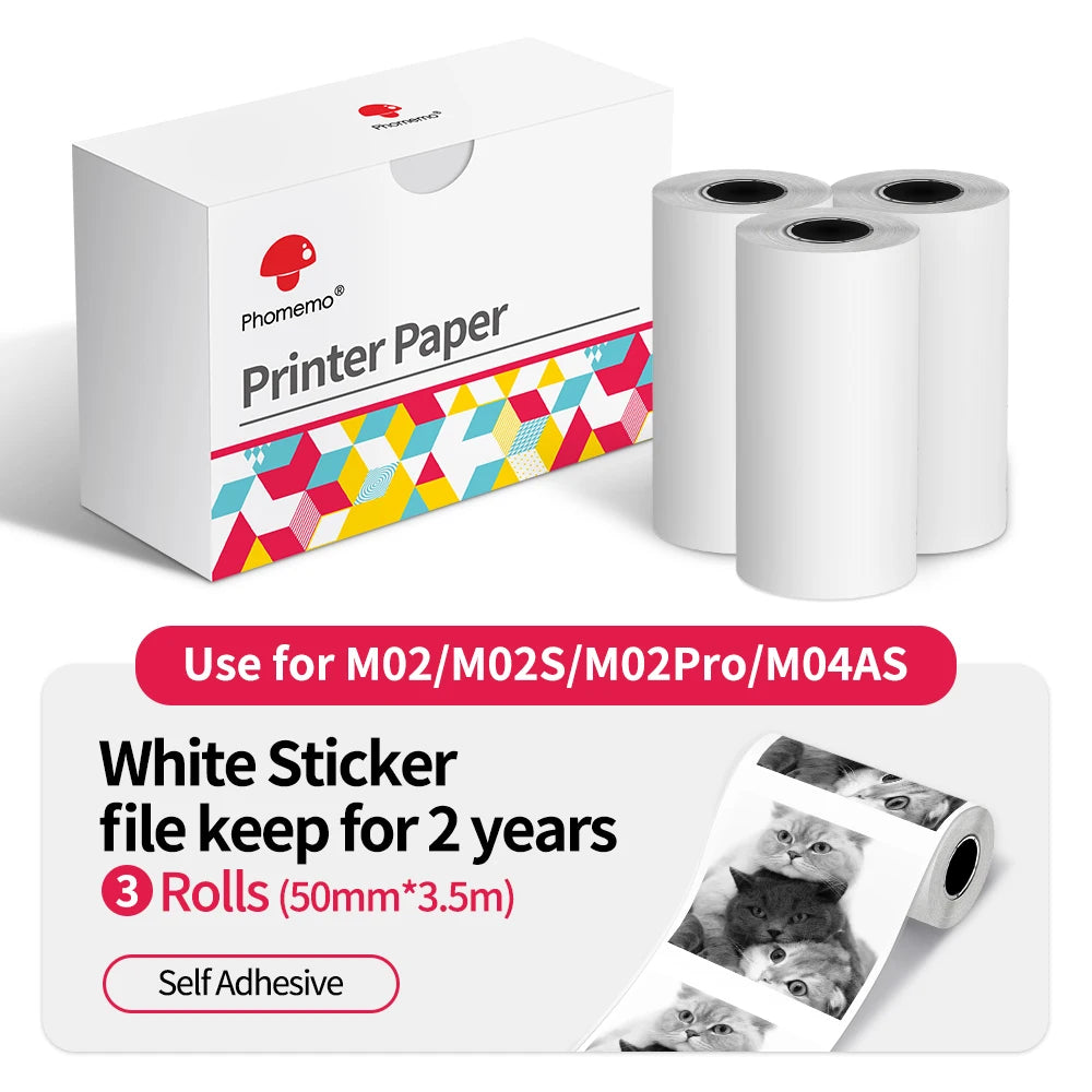 Thermal Paper Original Phomemo Sticker 3 Rolls fit M02 M02S M02 Pro Thermal  Printer Mini Thermal Photo Sticker