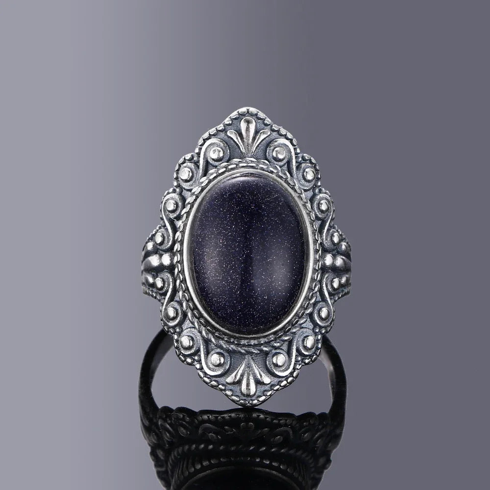 S925 Silver Ring Oval Natural Black Onyx Rings Finger Ring Retro Black Labradorite Fine Jewelry Party For Women Men