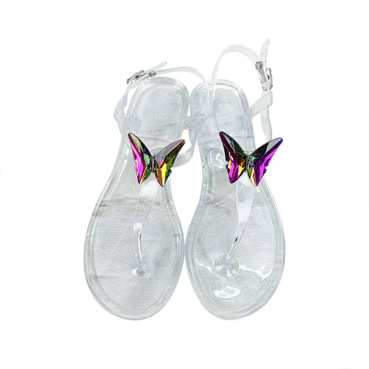 Size 36-42 Women Girls Jelly T- Tied Sandals INS Hot Sales Butterfky Transparent PVC Summer Beach Flip-flop Shoes S1064